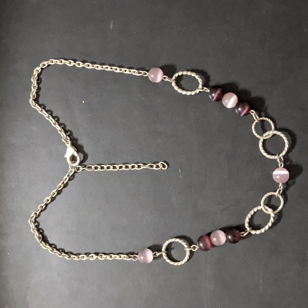 Silver Tone Dark and Light Purple Cat's Eye Beaded Chain Statement Neckl…